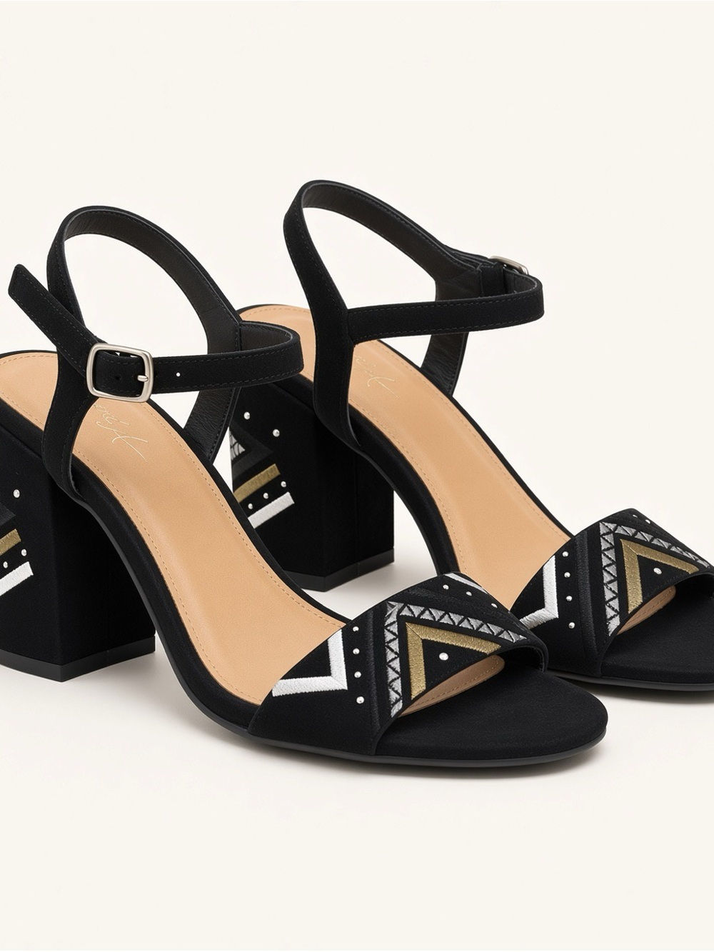Embroidered Black Block Heel Sandals with Ankle Strap
